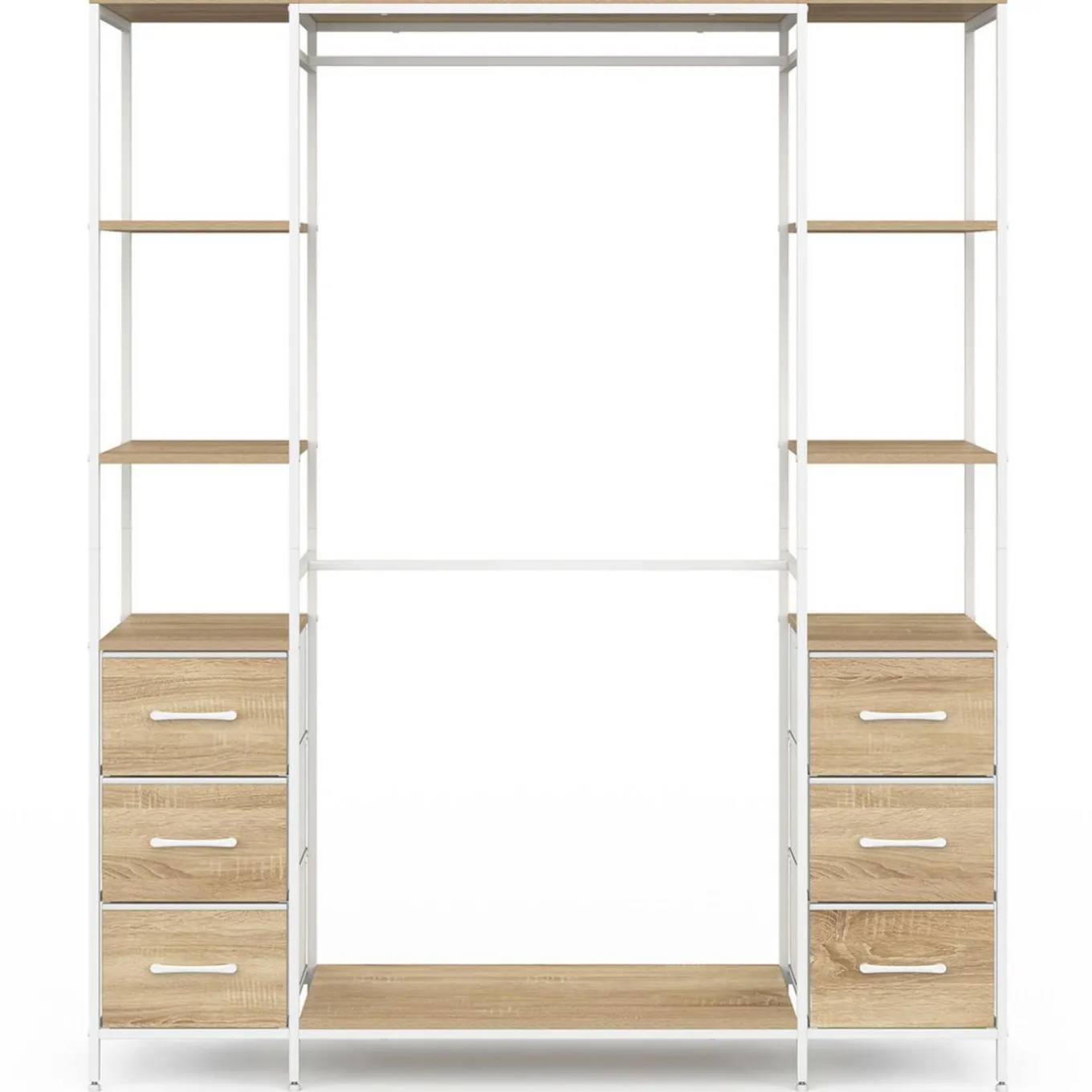 IDMarket Dressing double penderie + double colonne L. 140 cm avec 6 étagères et 6 bacs en tissu bois et blanc* Dressings Et Portants Vêtements