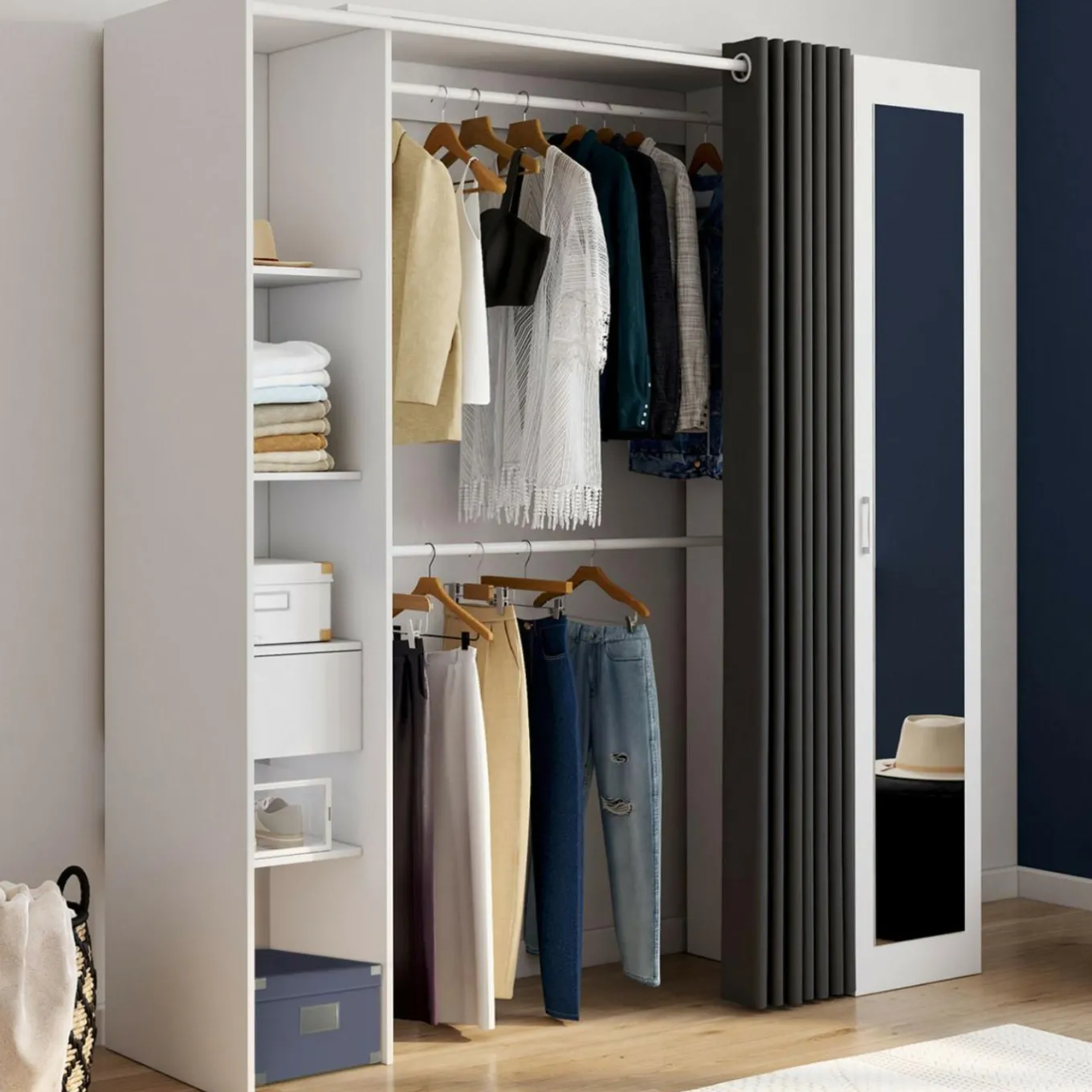 IDMarket Dressing extensible 145/170 x 50 x 180 cm blanc avec étagères + double penderie + miroir + rideau gris* Meubles Blancs|Collection Contemporaine