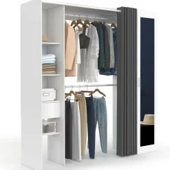 IDMarket Dressing extensible 145/170 x 50 x 180 cm blanc avec étagères + double penderie + miroir + rideau gris* Meubles Blancs|Collection Contemporaine