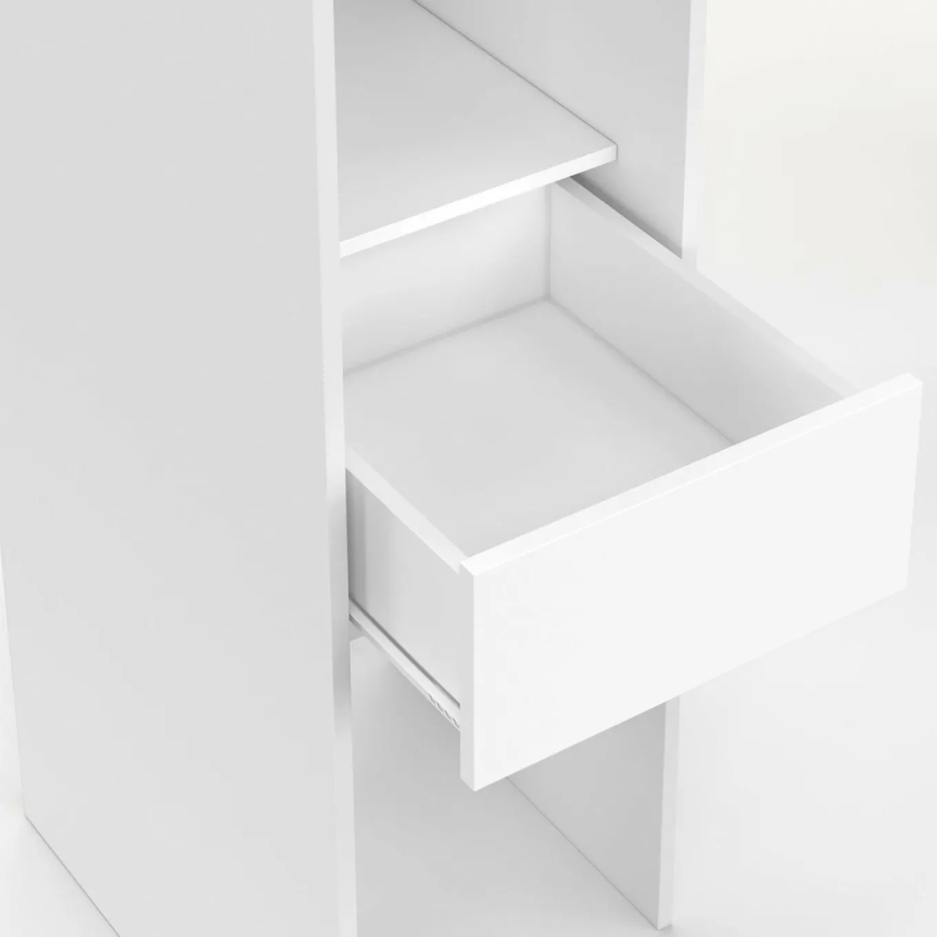 IDMarket Dressing extensible 145/170 x 50 x 180 cm blanc avec étagères + double penderie + miroir + rideau gris* Meubles Blancs|Collection Contemporaine