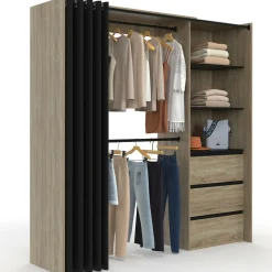 IDMarket Dressing extensible 120/170 x 50 x 180 cm hêtre avec 3 tiroirs + étagères + double penderie + rideau noir* Meubles Hauts|Collection Agencement Magasin