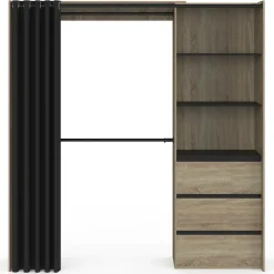 IDMarket Dressing extensible 120/170 x 50 x 180 cm hêtre avec 3 tiroirs + étagères + double penderie + rideau noir* Meubles Hauts|Collection Agencement Magasin