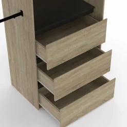 IDMarket Dressing extensible 120/170 x 50 x 180 cm hêtre avec 3 tiroirs + étagères + double penderie + rideau noir* Meubles Hauts|Collection Agencement Magasin