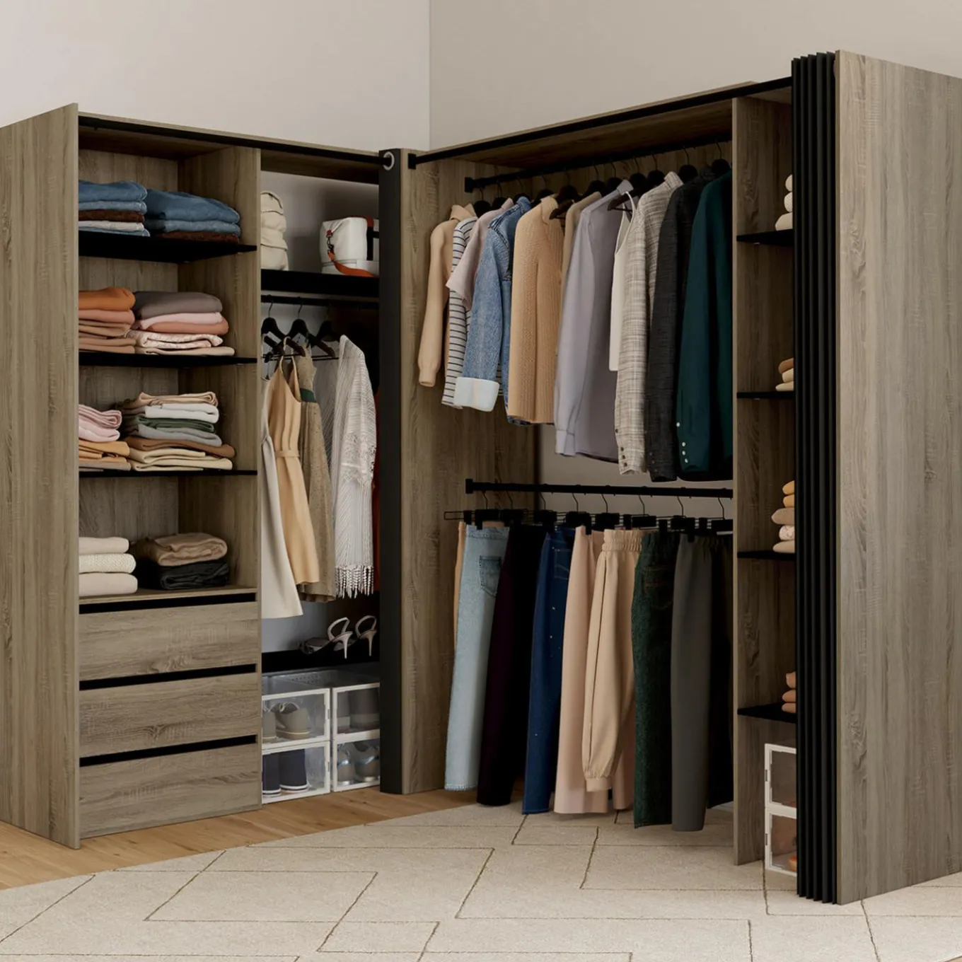 IDMarket Dressing extensible d'angle 200 x 150 x 180 cm hêtre avec penderies + tiroirs + étagères + rideaux noirs* Dressings Et Portants Vêtements|Chambre Complète Adulte