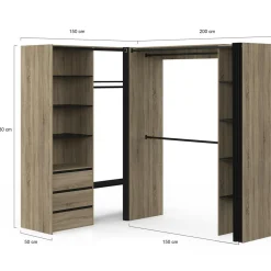 IDMarket Dressing extensible d'angle 200 x 150 x 180 cm hêtre avec penderies + tiroirs + étagères + rideaux noirs* Dressings Et Portants Vêtements|Chambre Complète Adulte