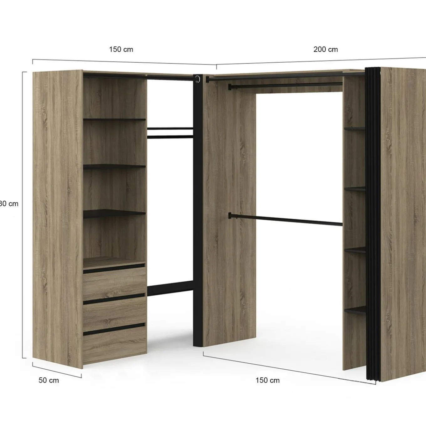IDMarket Dressing extensible d'angle 200 x 150 x 180 cm hêtre avec penderies + tiroirs + étagères + rideaux noirs* Dressings Et Portants Vêtements|Chambre Complète Adulte