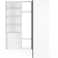 IDMarket Dressing extensible d'angle 200 x 150 x 180 cm blanc avec penderies + tiroirs + étagères + rideaux gris* Dressings Et Portants Vêtements|Chambre Complète Adulte