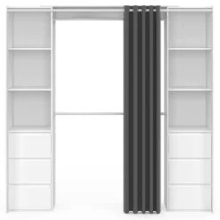 IDMarket Dressing extensible double blanc 120/180 cm 6 tiroirs + étagères + double penderie + rideau gris* Dressings Et Portants Vêtements|Chambre Complète Adulte