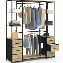 IDMarket Dressing industriel double penderie bois et noir avec étagères et bacs* Dressings Et Portants Vêtements