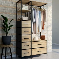 IDMarket Dressing penderie + colonne avec 1 étagère et 7 bacs en tissu bois et noir L. 90 cm* Dressings Et Portants Vêtements|Chambre Complète Adulte