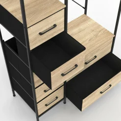 IDMarket Dressing penderie + colonne avec 1 étagère et 7 bacs en tissu bois et noir L. 90 cm* Dressings Et Portants Vêtements|Chambre Complète Adulte