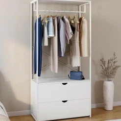 IDMarket Dressing penderie 2 tiroirs bois blanc et métal blanc L. 80 cm* Dressings Et Portants Vêtements|Chambre Complète Adulte