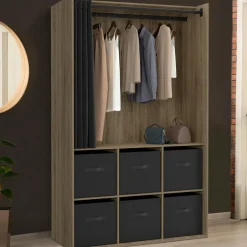 IDMarket Dressing penderie 104 x 50 x 172 cm hêtre avec rideau noir et 6 boites de rangement* Collection Contemporaine|Vestiaires Et Meubles D'Entrée