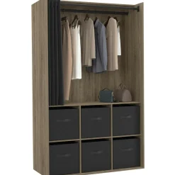 IDMarket Dressing penderie 104 x 50 x 172 cm hêtre avec rideau noir et 6 boites de rangement* Collection Contemporaine|Vestiaires Et Meubles D'Entrée