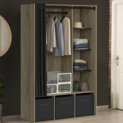 IDMarket Dressing penderie avec rideau et étagères bois et noir* Collection Design|Collection Contemporaine