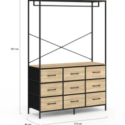 IDMarket Dressing penderie L. 115 cm avec 9 bacs en tissu bois et noir* Dressings Et Portants Vêtements