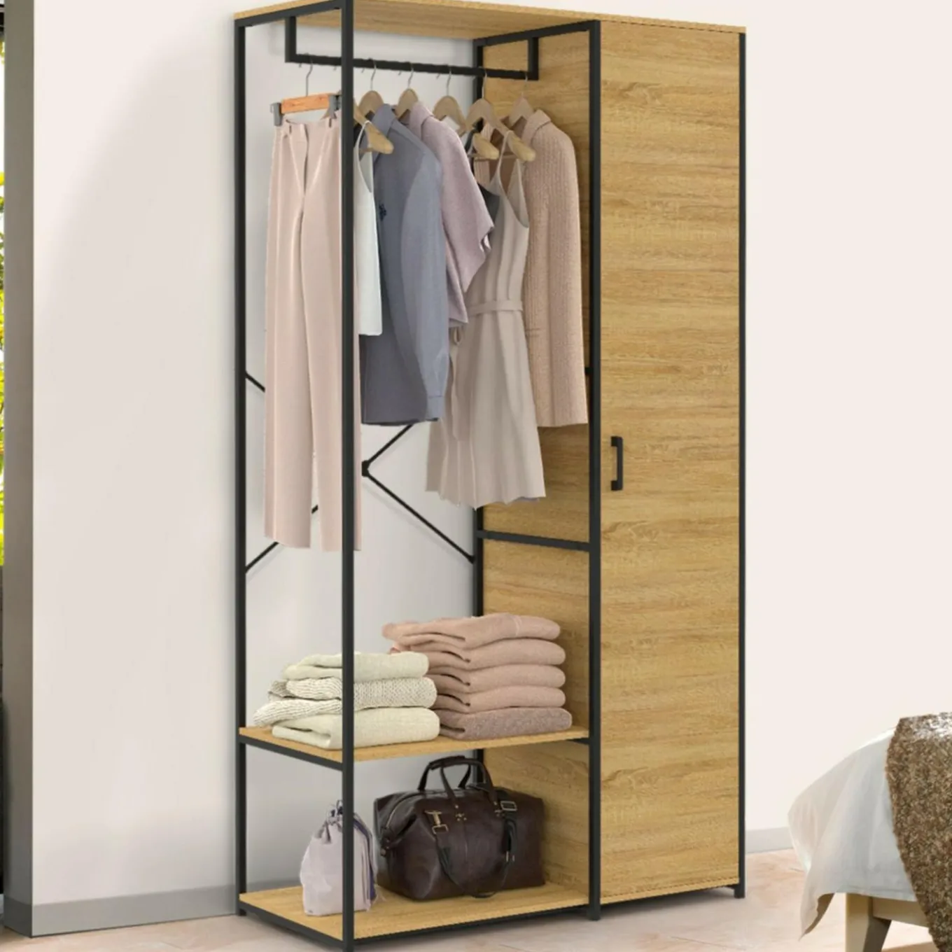 IDMarket Dressing penderie étagères avec porte L. 90 cm design industriel* Dressings Et Portants Vêtements|Chambre Complète Adulte