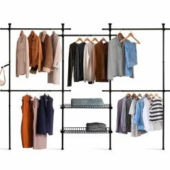 IDMarket Dressing télescopique extensible 5 penderies 2 paniers en métal noir* Chambre Complète Adulte|Dressings Et Portants Vêtements