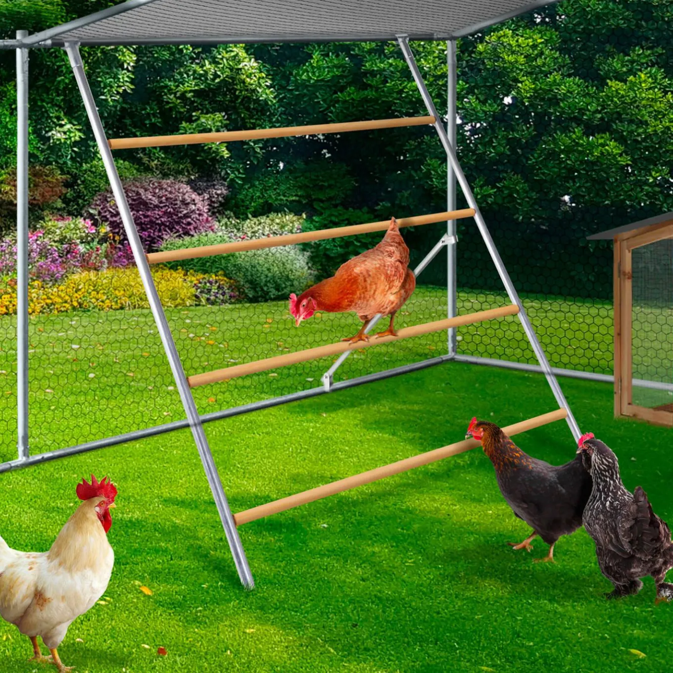 IDMarket Enclos poulailler 12 m² en acier galvanisé avec perchoir* Volières Et Enclos