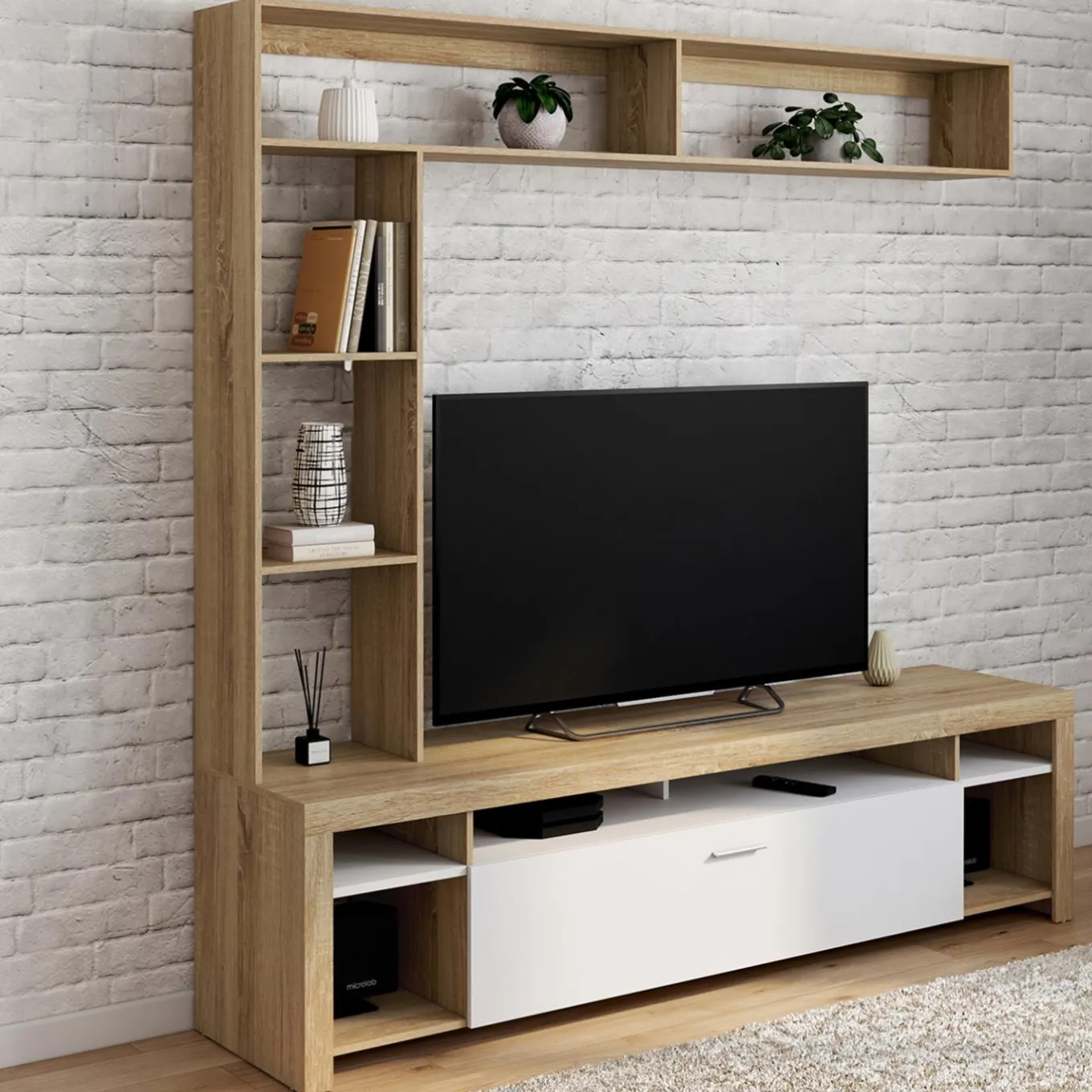 IDMarket Ensemble meuble télé 170 cm avec étagères bois et placard blanc* Meubles Tv