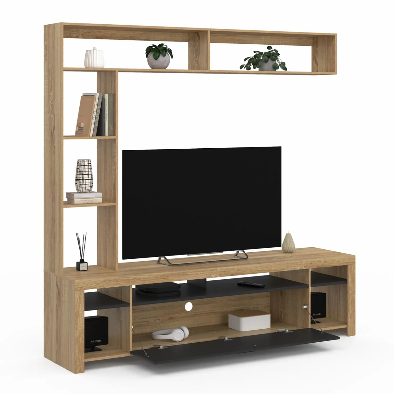 IDMarket Ensemble meuble télé de 170 cm avec des étagères en bois et un placard noir* Meubles Tv