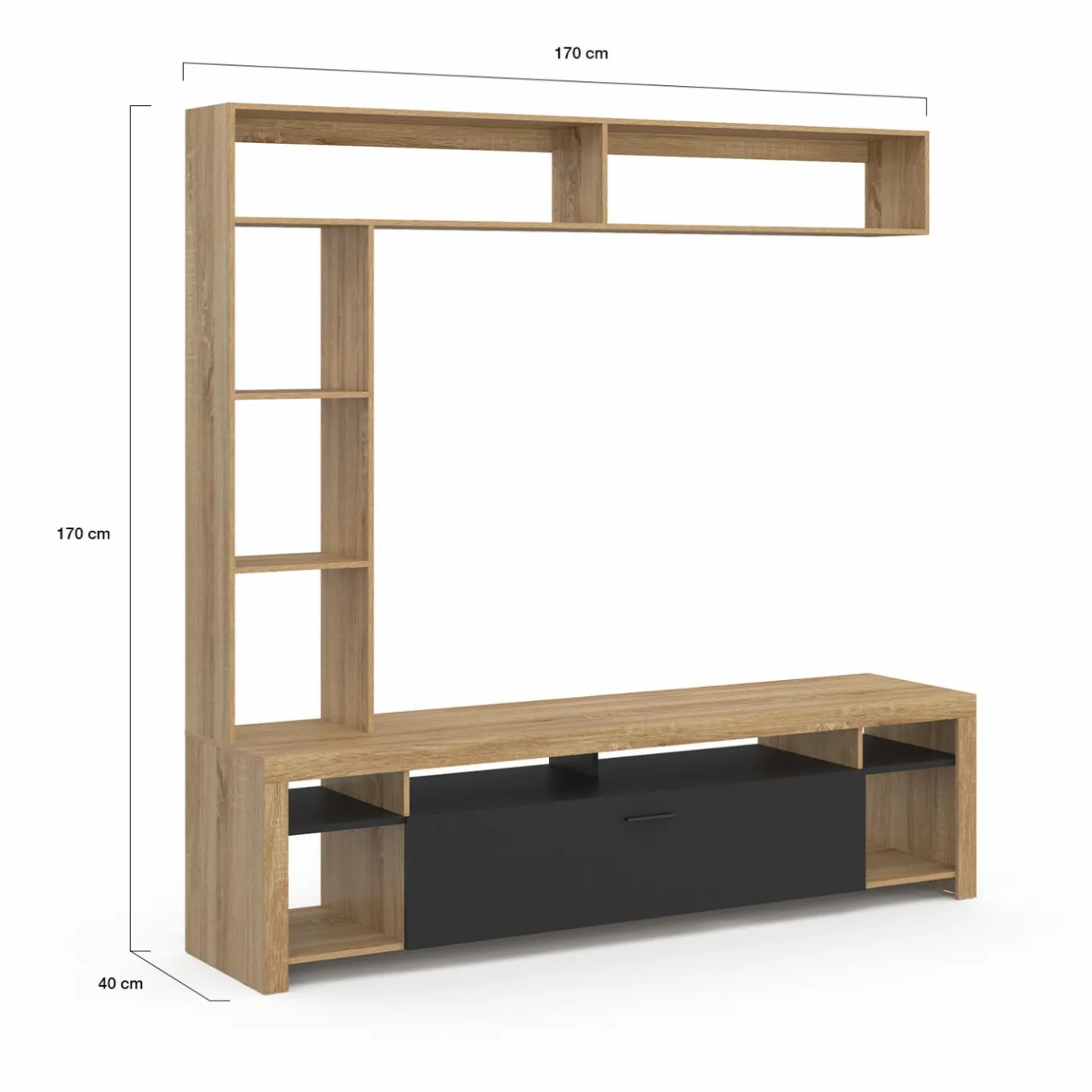 IDMarket Ensemble meuble télé de 170 cm avec des étagères en bois et un placard noir* Meubles Tv