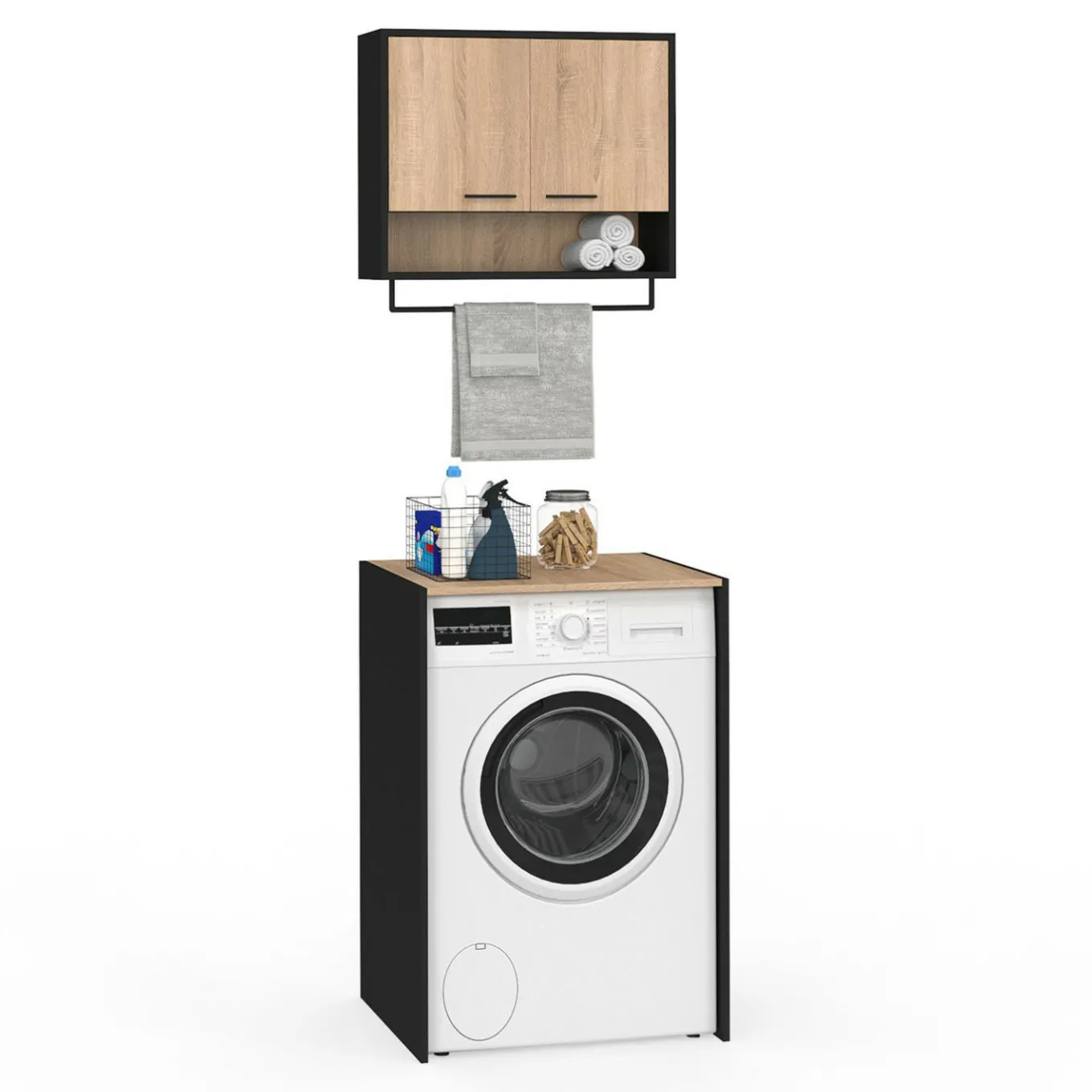 IDMarket Ensemble meubles de buanderie pour machine à laver noir et hêtre* Rangement Et Accessoires|Séchoirs À Linge