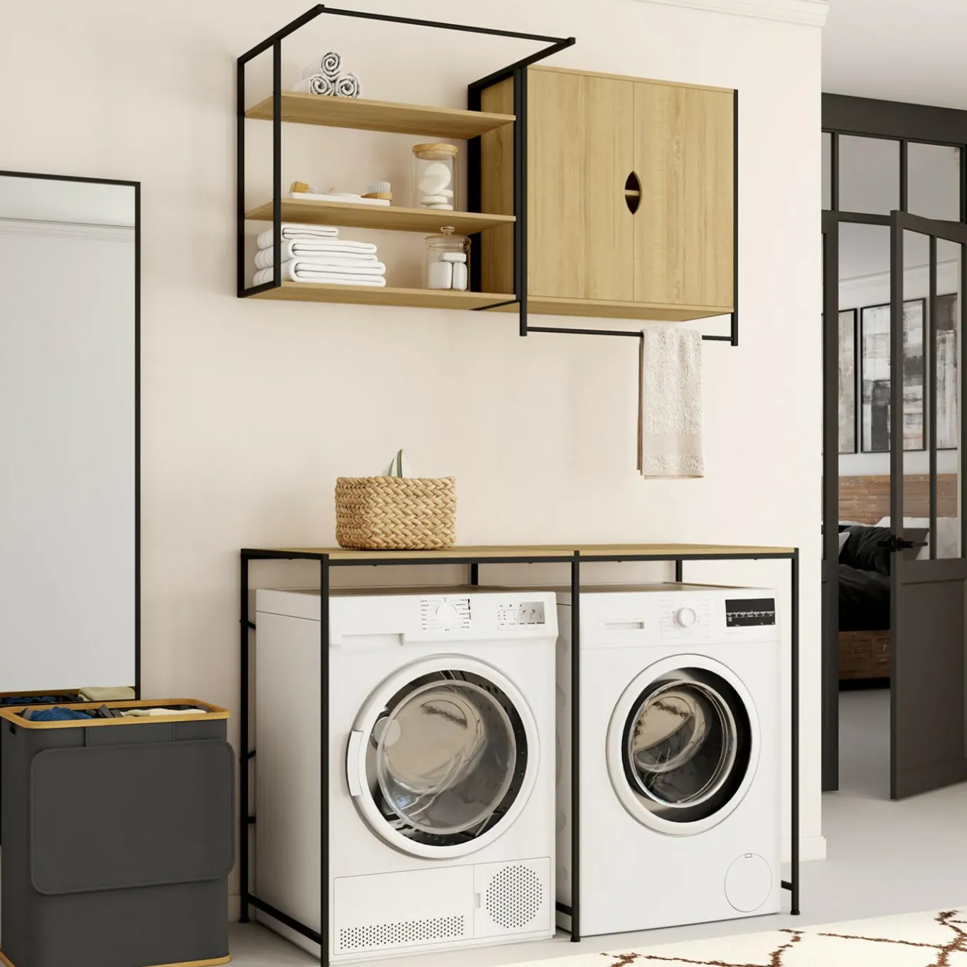 IDMarket Ensemble pour machine à laver et sèche-linge design industriel* Meubles Salle De Bain