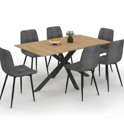 IDMarket Ensemble table à manger rectangle 160 cm bois et noir et 6 chaises en velours gris foncé* Meubles En Bois|Collection Vintage