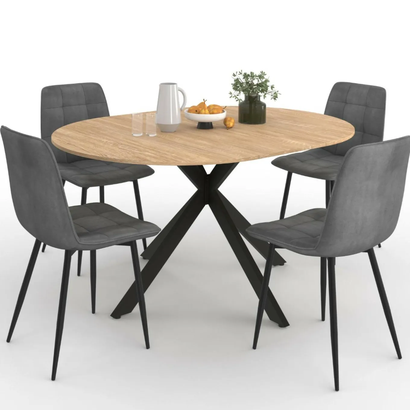 IDMarket Ensemble table à manger ronde extensible 110 - 150 cm et 4 chaises en velours gris foncé* Chaises|Tables
