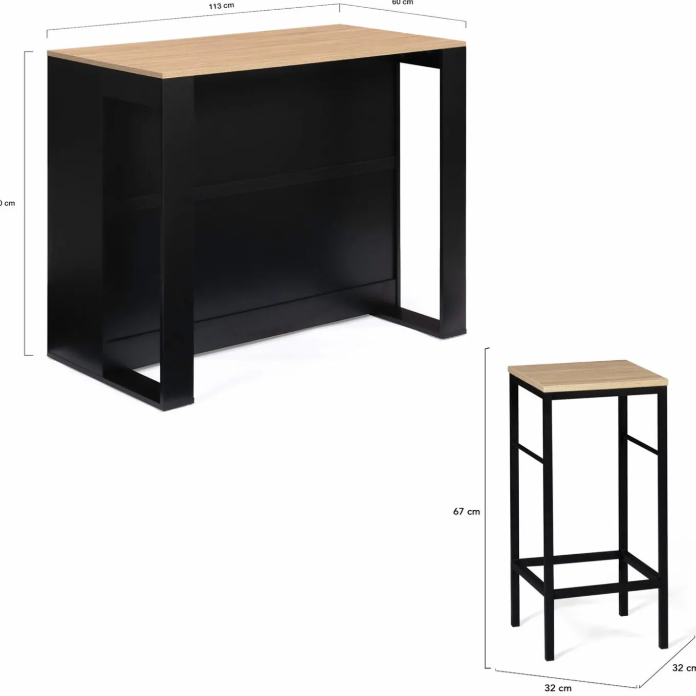 IDMarket Ensemble table de bar + 2 tabourets de bar bois noir et imitation hêtre* Meubles Hauts|Collection Design