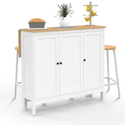 IDMarket Ensemble table de bar ilot et 2 tabourets bois blanc plateau façon hêtre* Meubles Hauts|Tables Hautes