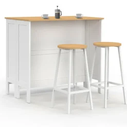IDMarket Ensemble table de bar ilot et 2 tabourets bois blanc plateau façon hêtre* Meubles Hauts|Tables Hautes