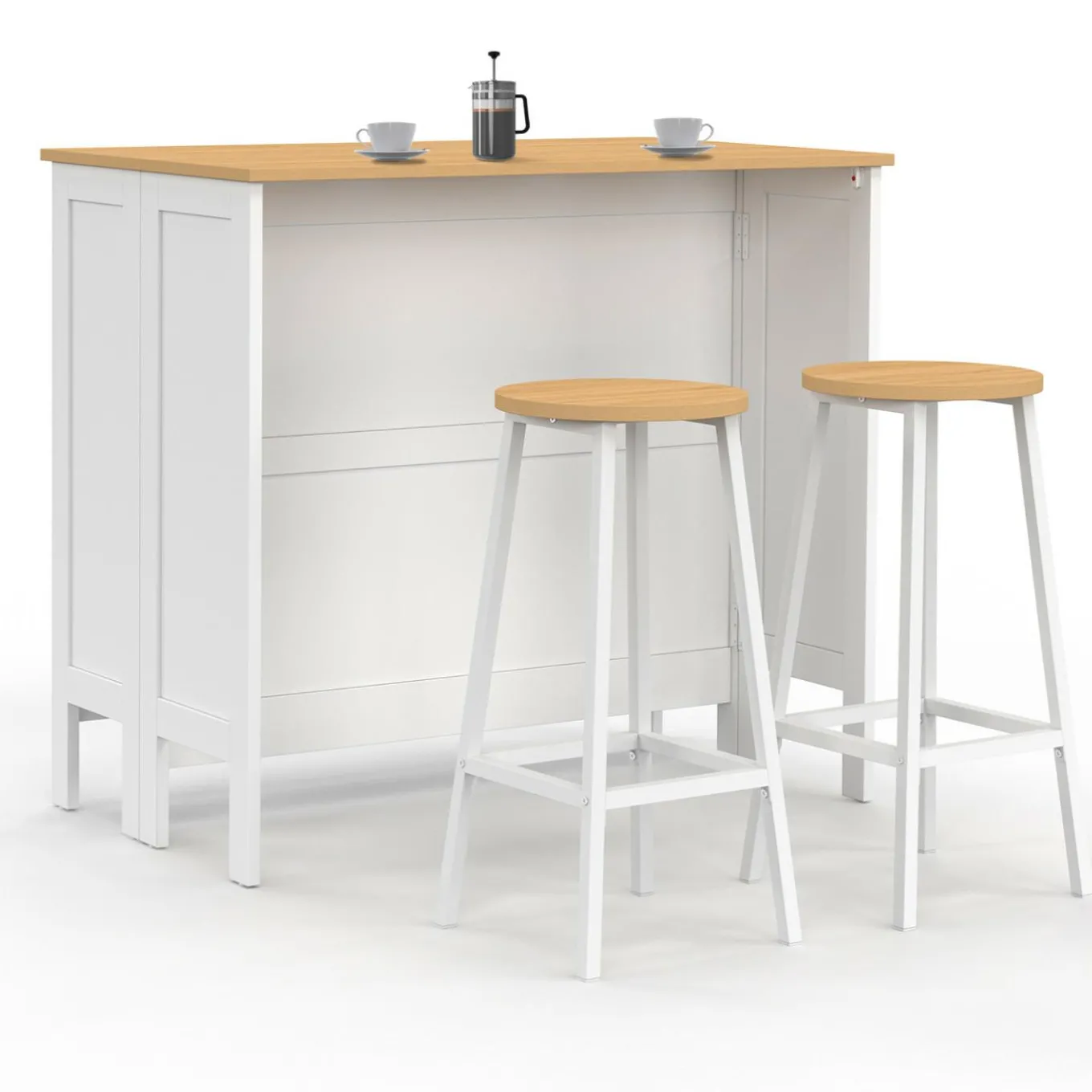 IDMarket Ensemble table de bar ilot et 2 tabourets bois blanc plateau façon hêtre* Meubles Hauts|Tables Hautes