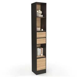 IDMarket Etagère bibliothèque 190 cm 3 étagères 2 tiroirs 1 placard noir et effet bois* Meubles Tiroirs|Meubles Hauts