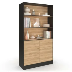 IDMarket Etagère bibliothèque 3 niveaux XXL 1 placard noir et effet bois 190 cm* Meubles Hauts|Meubles Noirs