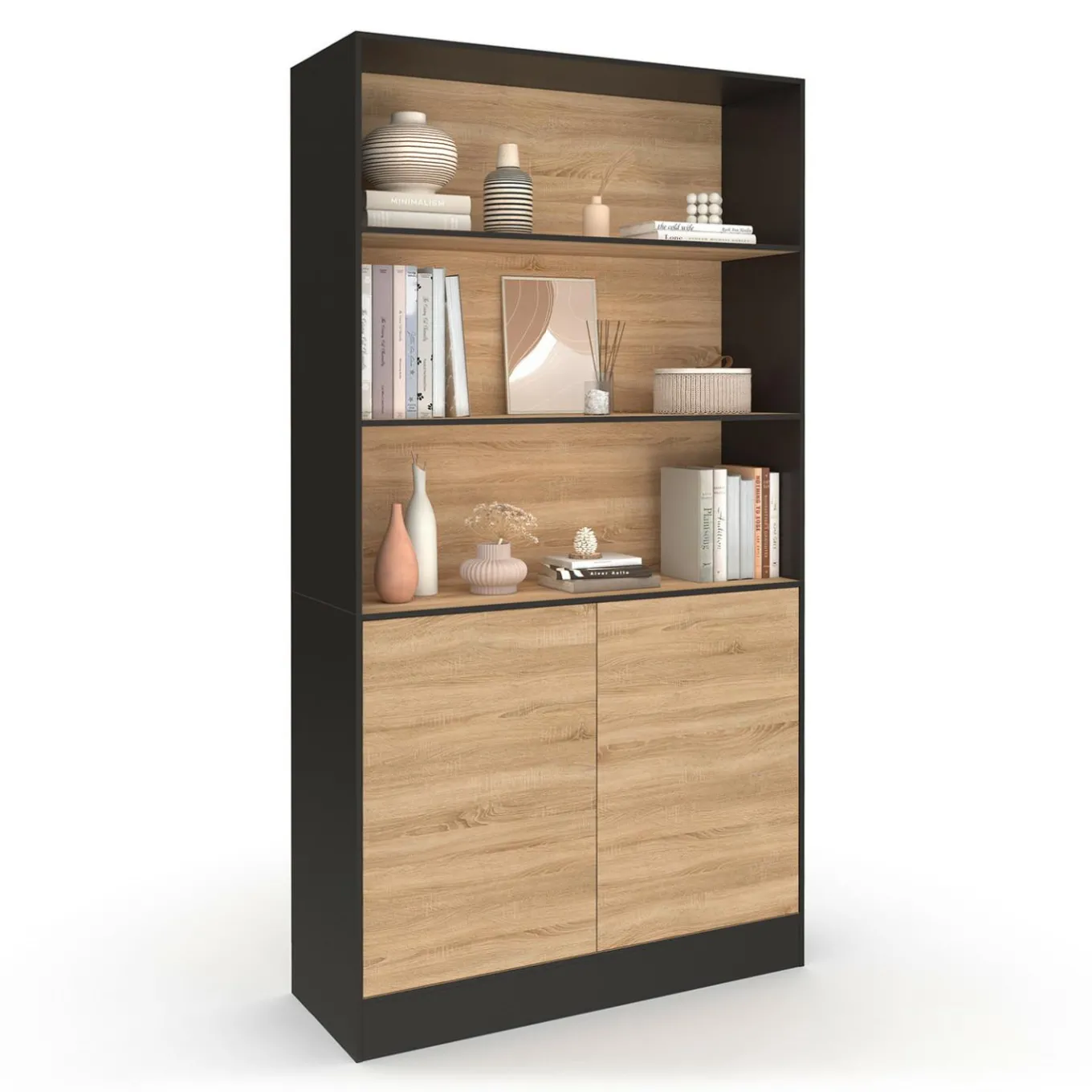 IDMarket Etagère bibliothèque 3 niveaux XXL 1 placard noir et effet bois 190 cm* Meubles Hauts|Meubles Noirs