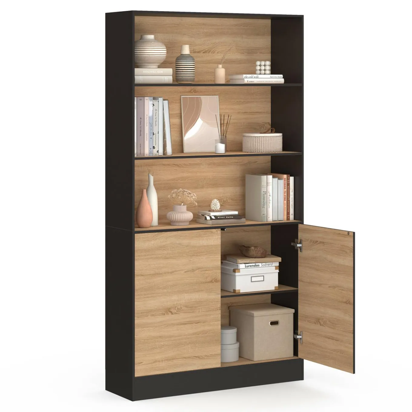IDMarket Etagère bibliothèque 3 niveaux XXL 1 placard noir et effet bois 190 cm* Meubles Hauts|Meubles Noirs