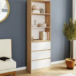 IDMarket Etagère bibliothèque 3 niveaux 3 tiroirs blanc et effet bois* Meubles Tiroirs|Meubles Hauts