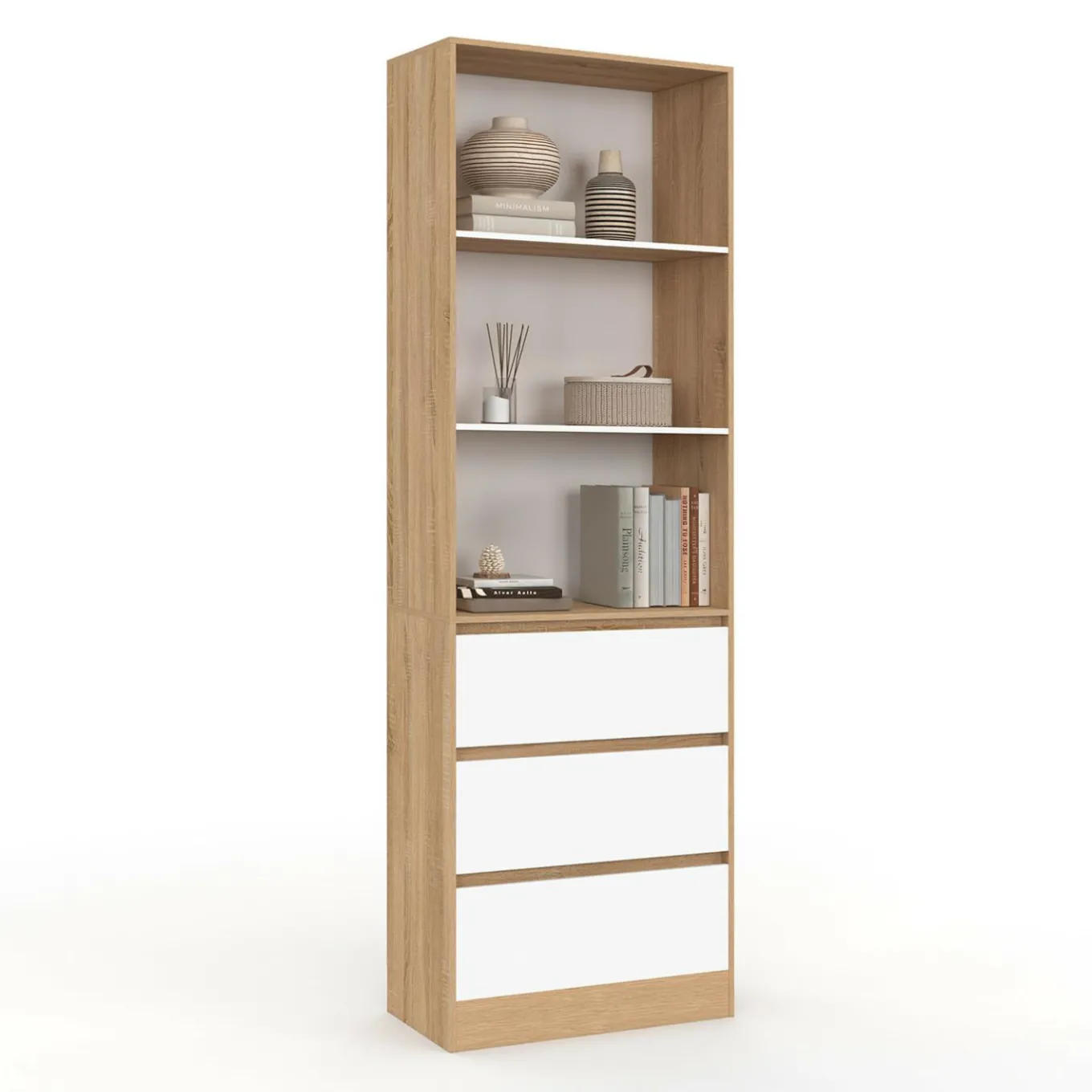 IDMarket Etagère bibliothèque 3 niveaux 3 tiroirs blanc et effet bois* Meubles Tiroirs|Meubles Hauts