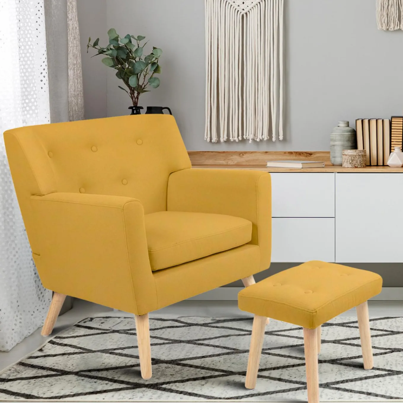 IDMarket Fauteuil avec repose pieds en tissu jaune style scandinave* Collection Agencement Magasin|Collection Scandinave