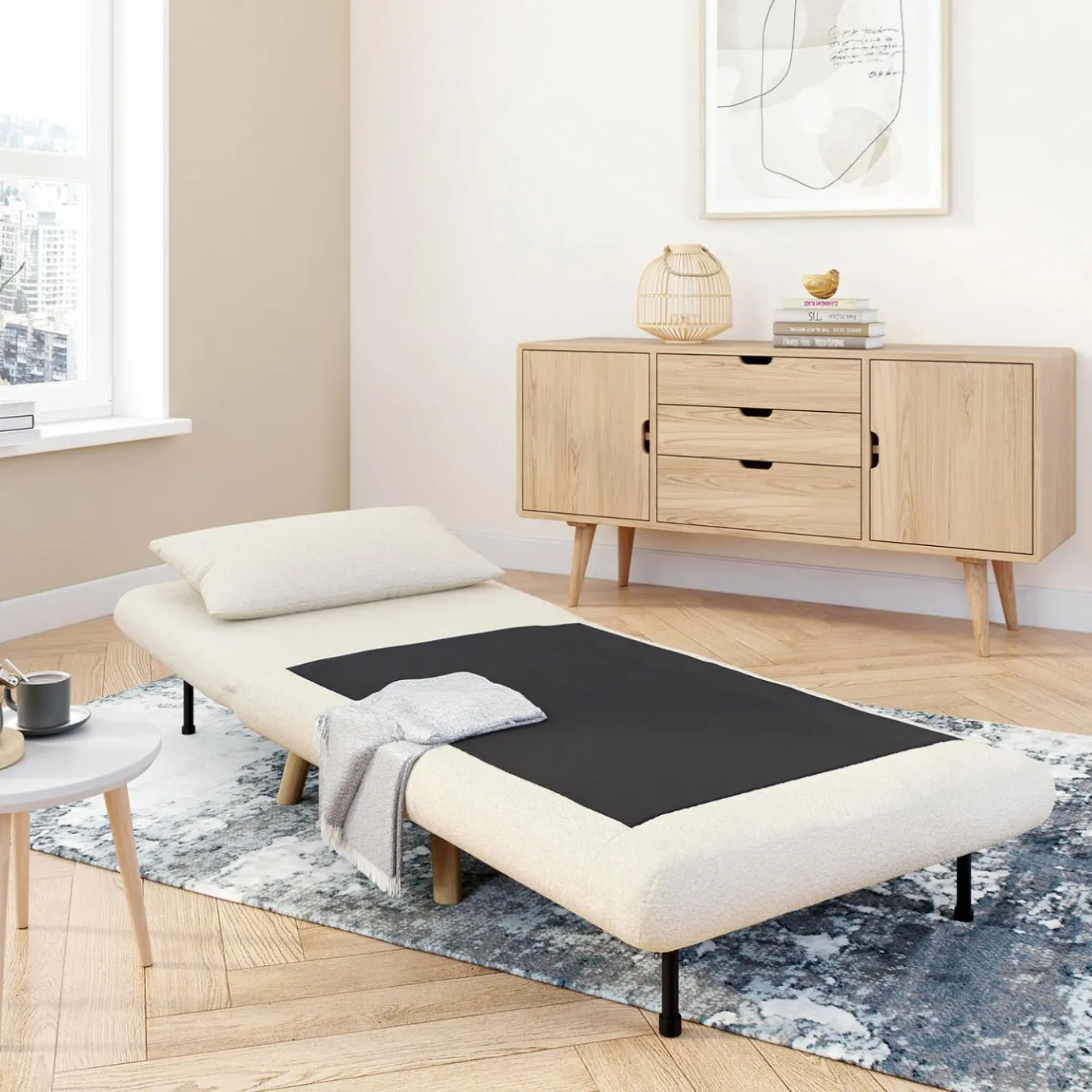 IDMarket Fauteuil convertible en lit d'appoint 1 place 80x190 cm bouclette blanc* Collection Scandinave|Fauteuils
