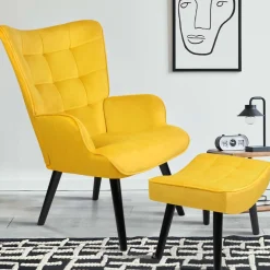 IDMarket Fauteuil en velours jaune style scandinave* Collection Vintage|Collection Scandinave