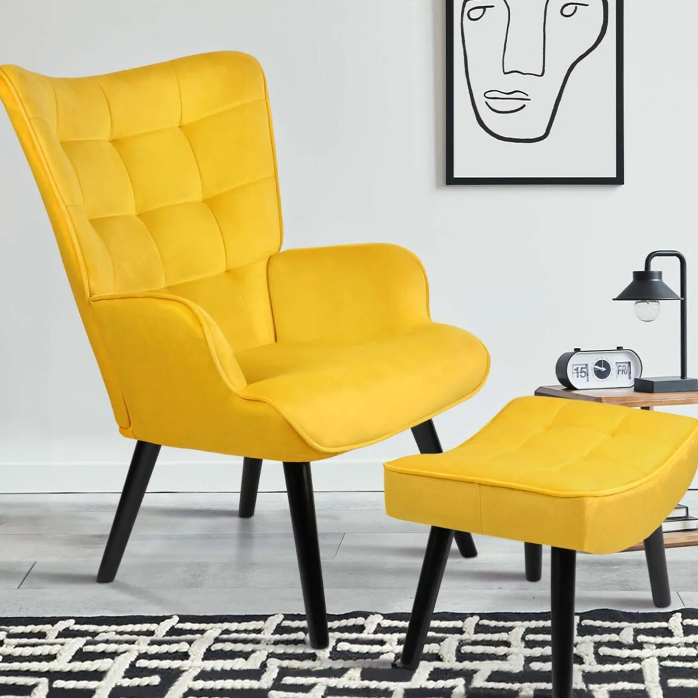 IDMarket Fauteuil en velours jaune style scandinave* Collection Vintage|Collection Scandinave