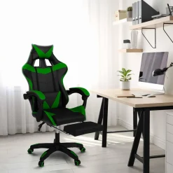 IDMarket Fauteuil gamer réglable et inclinable avec repose pied et coussins noir et vert* Collection Télétravail|Chaises De Bureau Et Accessoires