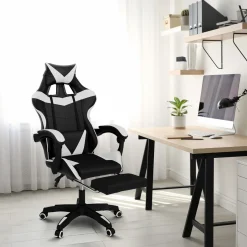IDMarket Fauteuil gamer réglable et inclinable avec repose-pied et coussins noir et blanc* Collection Télétravail|Chaises De Bureau Et Accessoires