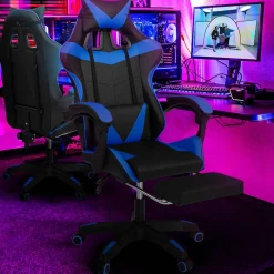 IDMarket Fauteuil gamer réglable et inclinable avec repose-pied et coussins noir et bleu* Collection Télétravail|Chaises De Bureau Et Accessoires