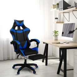 IDMarket Fauteuil gamer réglable et inclinable avec repose-pied et coussins noir et bleu* Collection Télétravail|Chaises De Bureau Et Accessoires
