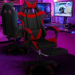 IDMarket Fauteuil gamer réglable et inclinable avec repose pied et coussins noir et rouge* Collection Télétravail|Chaises De Bureau Et Accessoires