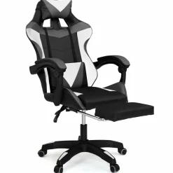 IDMarket Fauteuil gamer réglable, inclinable avec repose-pied et coussins noir, blanc et gris* Collection Télétravail|Chaises De Bureau Et Accessoires